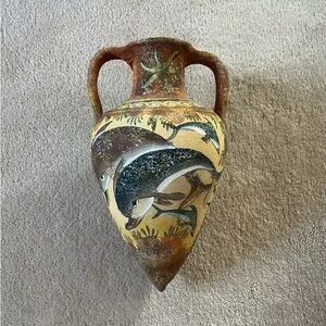 Vintage Greek Minoan Pottery Vase Museum Replica Copy Dolphin Sun Plant 9”